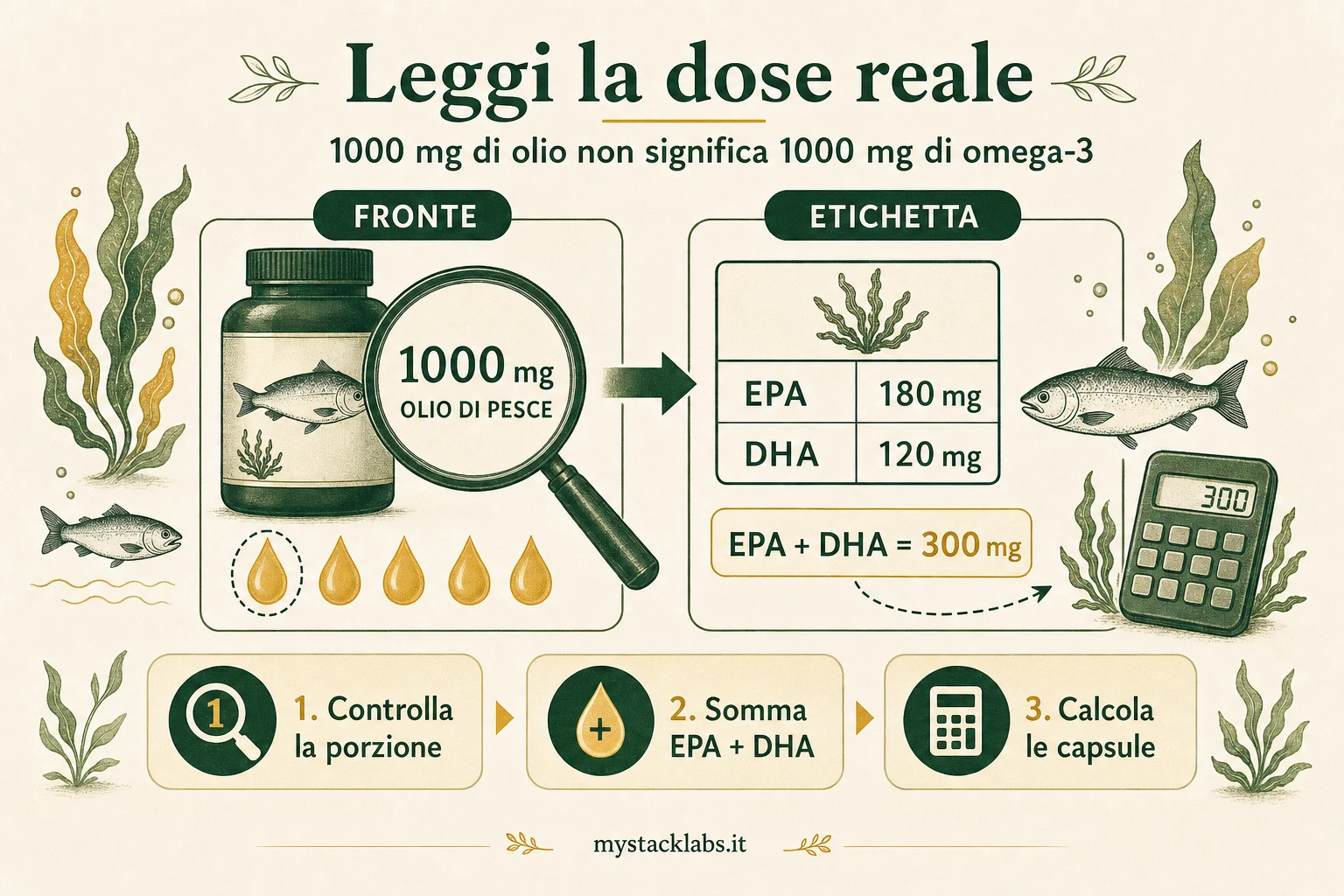 Confronto visivo tra dose totale di olio e quantità effettiva di EPA e DHA