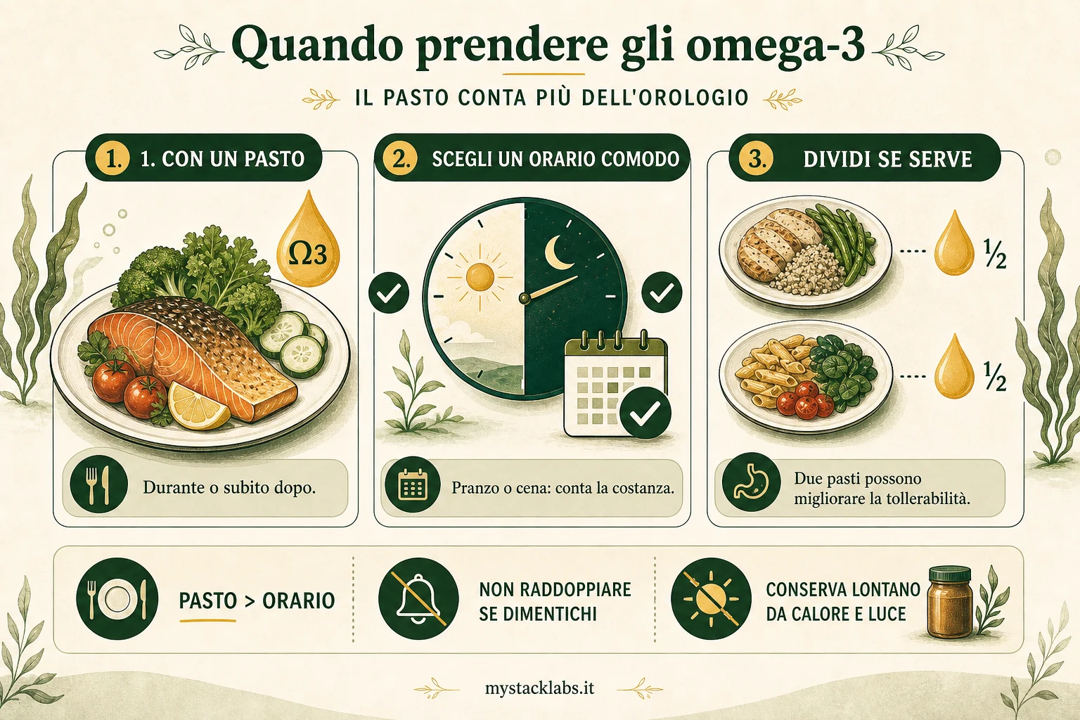 Omega-3 assunti insieme a un pasto completo, senza un orario obbligatorio